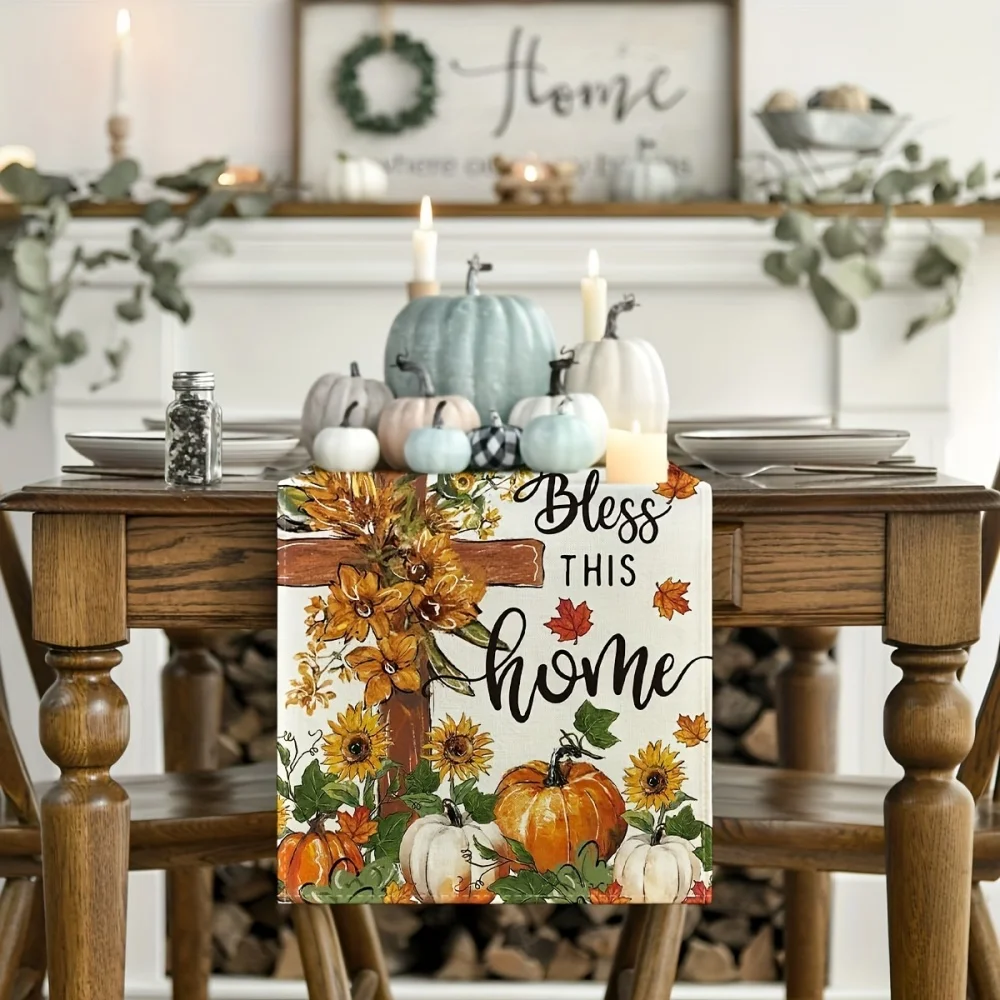 1pc Fall Harvest Linen Table Runner –Cross & Pumpkins Motif for Holiday Dining Decor, Christmas Season Kitchen Accessory