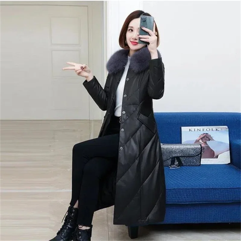 Women Winter PU Leather Overcoat  New Female Mid-length Cotton Padded Parkas Femme Thickened Warm Coat Cotton Padded Jacket