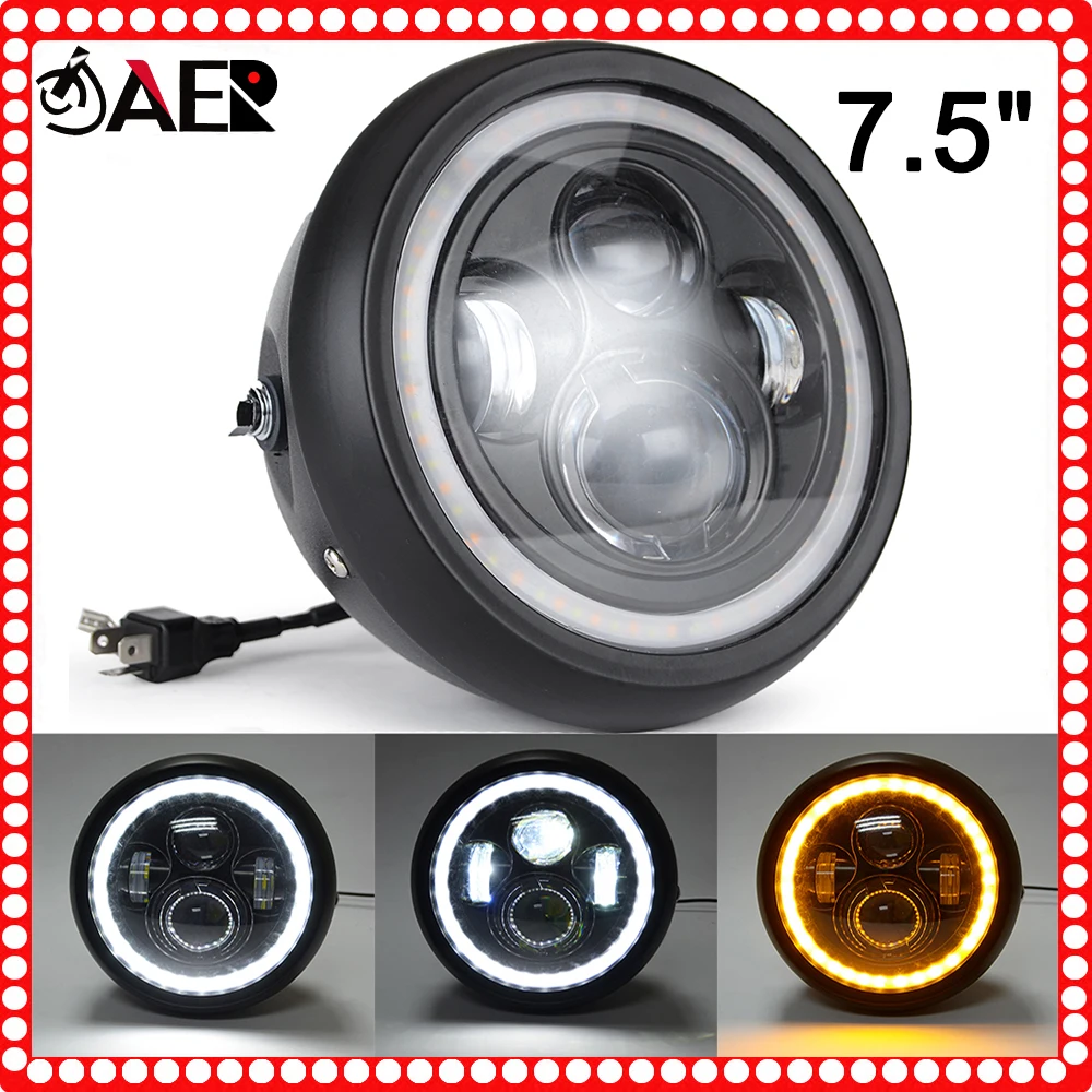 

7.5" LED Motorcycle Headlight with Hi&Low Beam White and Amber DRL Angel Eyes Turn Signal Light Headlamp for Chopper Bobber