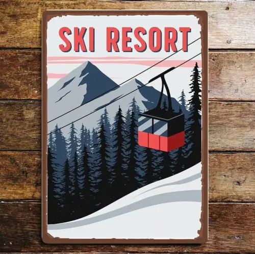 Cable car ski lifestyle skier art  metal sign plaque