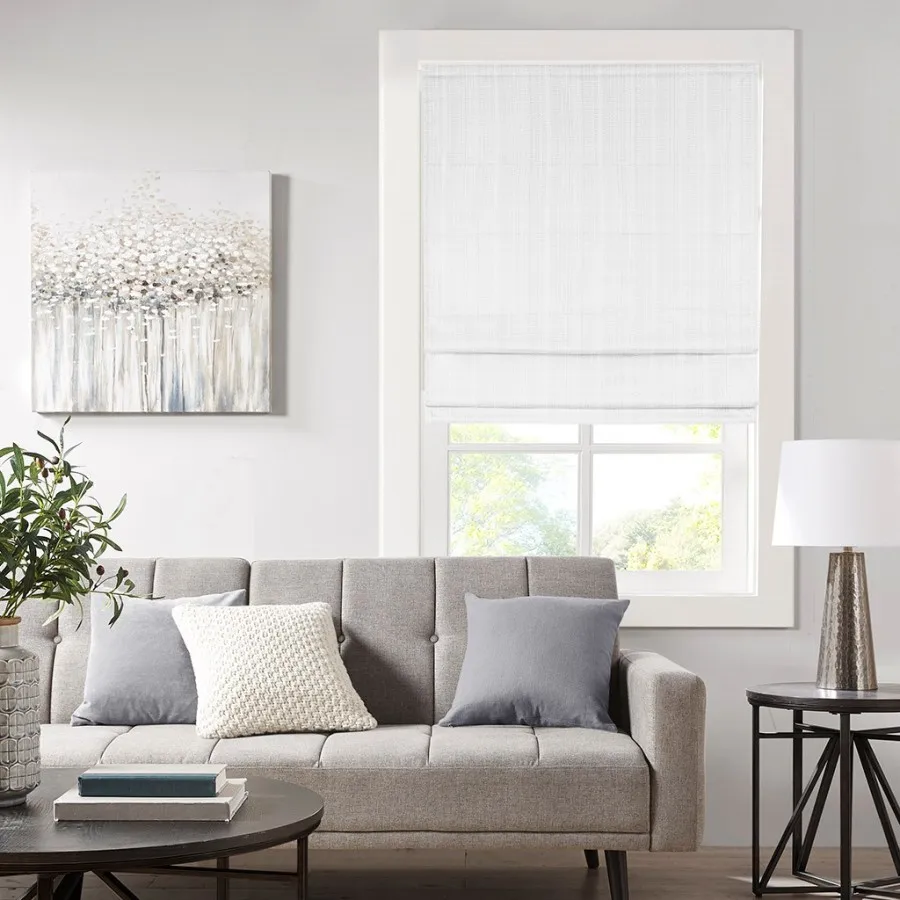 

Basketweave Room Darkening Cordless Roman Shade for living room, woven polyester fabric, charcoal gray, light-blocking and cord