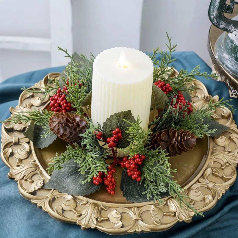 Christmas Candle Holder Wreath Artificial Flower Candle Ring Candlestick Garland New Year Christmas Wedding Table Decoration