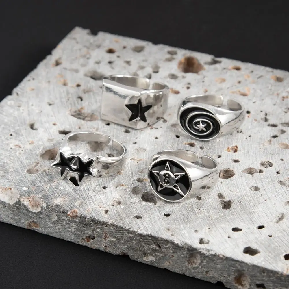 4pcs Irregular Design Geometric Open End Rings Black Five-Pointed Star Bold Design Punk Couple Rings Wide Opening