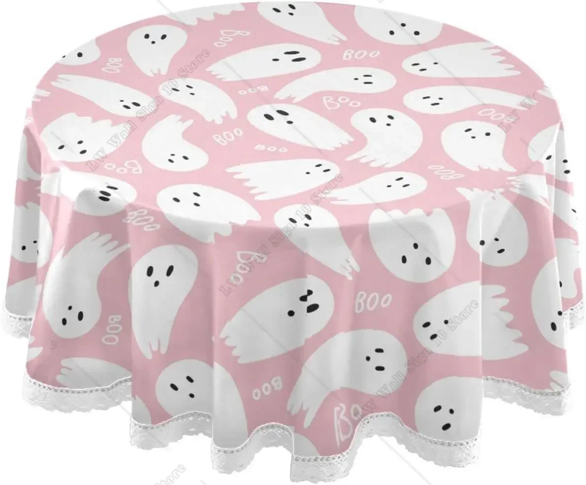 

Cute Ghost Round Tablecloth Washable Boo Pink Halloween Table Cloths 60 Inch Lace Tablecloth for Kitchen Dinning Decoration