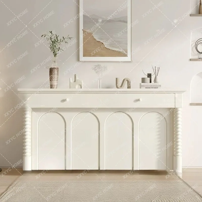 

Rustic solid wood white sideboard - arched door entryway console table - cream-colored storage cabinet - chest of drawers