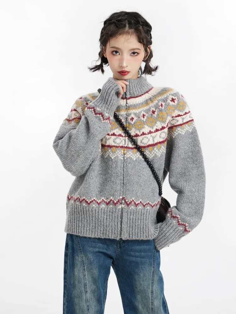 Sweet Christmas Vintage Cardigans Women Harajuku Zipper Grunge Sweaters Loose Streetwear Knitted Coats Y2k Aesthetic