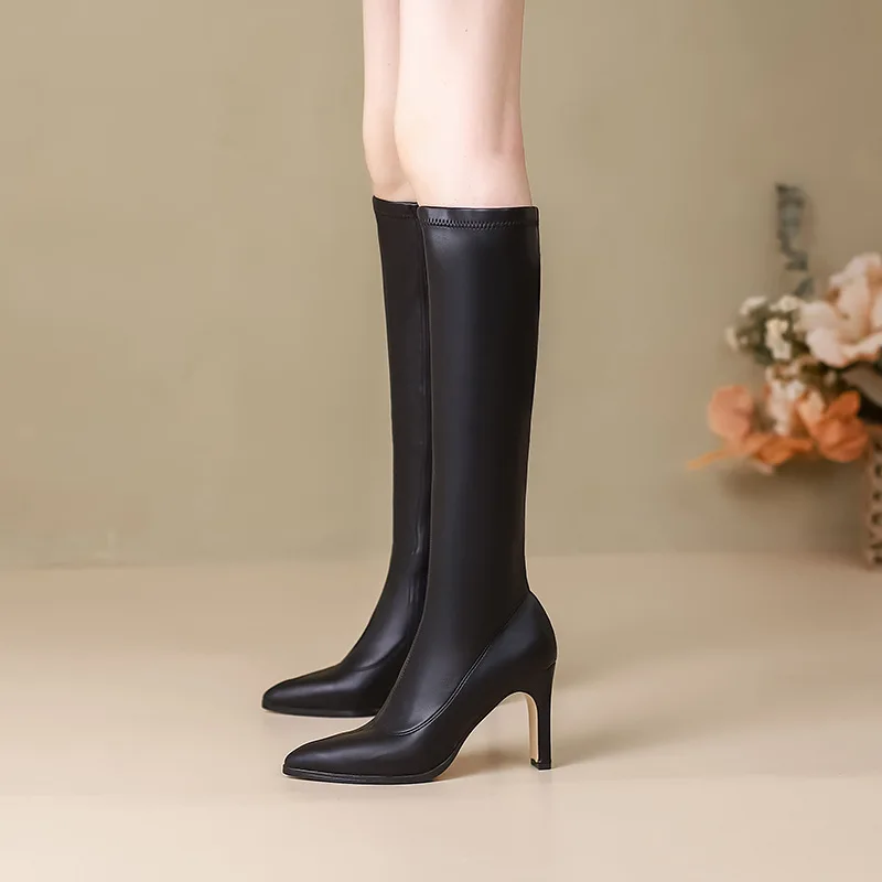 Elegant Women's Boots Knee High Flock 2024 New Winter Pointed Fashionable Black Side Zipper Chelsea Boot Square Heel Women Shoes