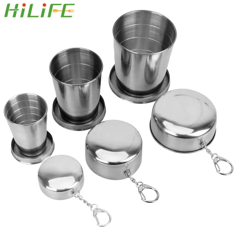 أكواب تلسكوبية قابلة للطي للسفر في الهواء الطلق مع سلسلة مفاتيح كوب شرب مياه محمول كوب قابل للطي من الفولاذ المقاوم للصدأ