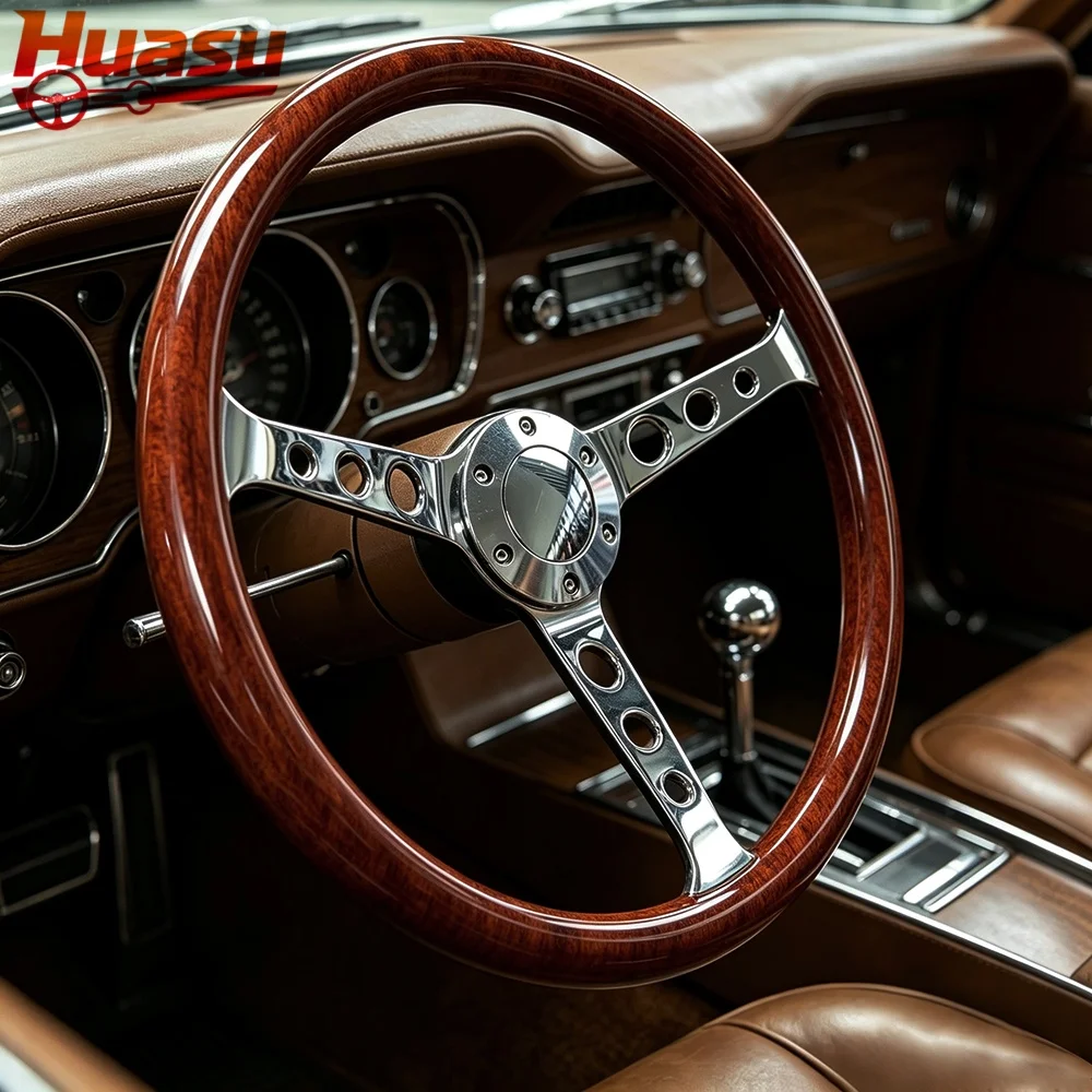 Huasu Polishing Spoke Classic Wood Grain Look Racing Steering Wheel 15inch 380mm Concave ABS Grip Car Accessories
