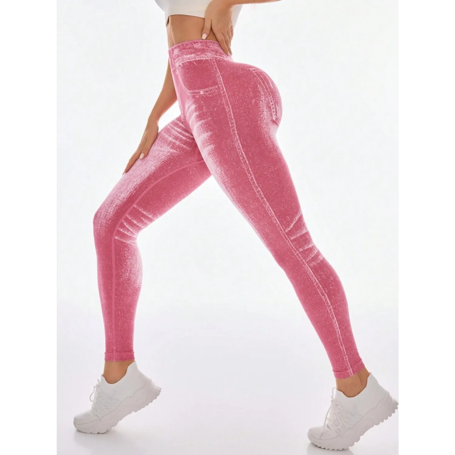 Pantaloni da yoga stampati in denim da donna senza cuciture con vita a V e fianchi color pesca Pantaloni attillati sexy alla moda Pantaloni da palestra per esercizi di yoga