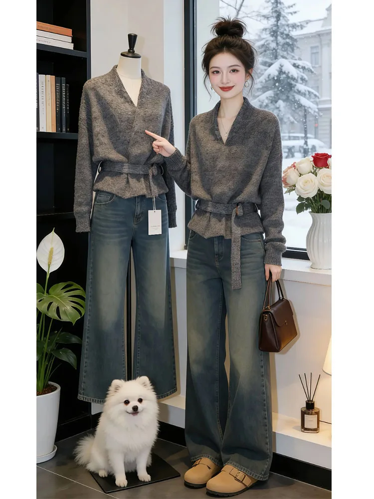 

V-Ne Knitted Open Cardigan Women's Spring Autumn New Sle Lazy High-End Faion Youthful Waist-Cinching Belted Sweater Jaet