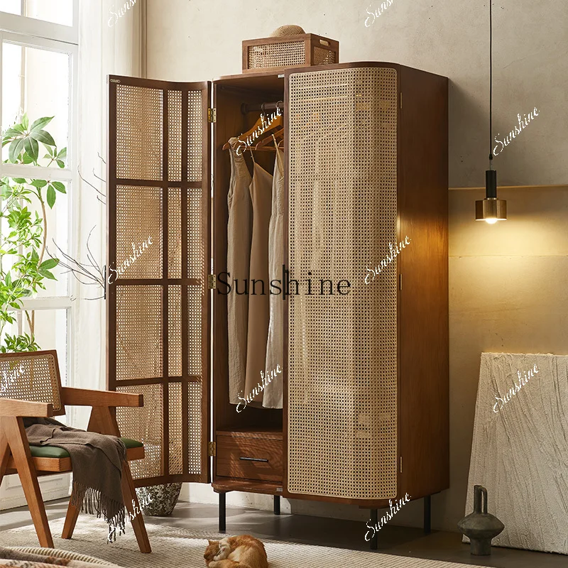 Nordic solid wood rattan swing door small apartment bed and breakfast bedroom large wardrobe  FT
