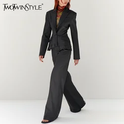 TWOTWINSTYLE Solidny dwuczęściowy zestaw dla kobiet z karbowanym kołnierzem i długim rękawem Tunic Blazer High Waist Wide Leg Pant Designerskie zestawy damskie