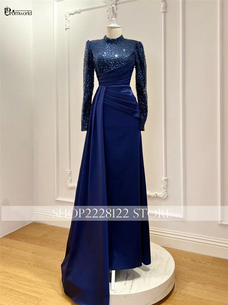 Customized Muslim Formal Dress Long Sleeves Elegant Arabic Evening Gown High Neck Beaded Satin Robes De Soirée Prom Party image 4