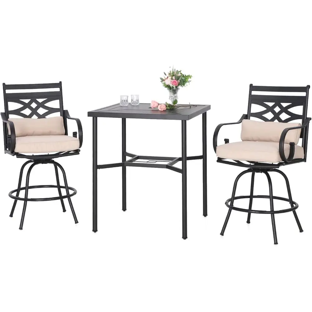 

3 PCS Heavy Duty Metal Outdoor Patio Bar Sets, 2 Swivel Counter Height Chairs with Seat & Back Support Cushion, 1 Square Metal B