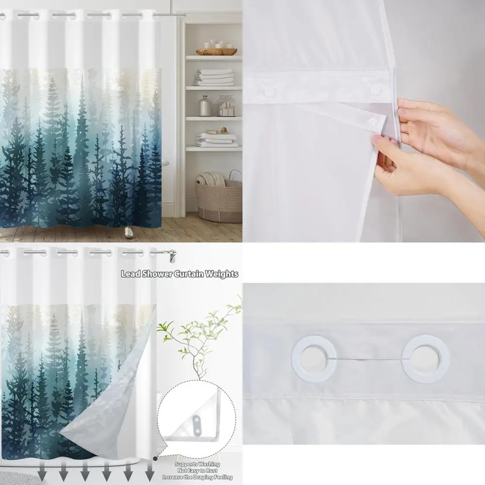 

teal forest-inspired double-layer shower curtain with snap-in liner and weighted bottom