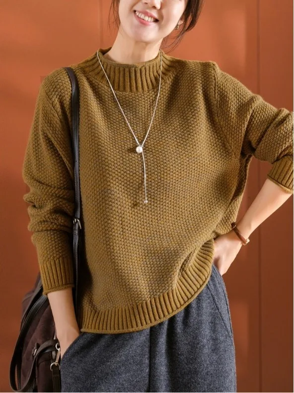 

Women's Thiened 3D Pine Needle Vertical Stripe Stand Collar Cuffed Loose Knitwear Comfortable Fit Autumn Winter Sweater