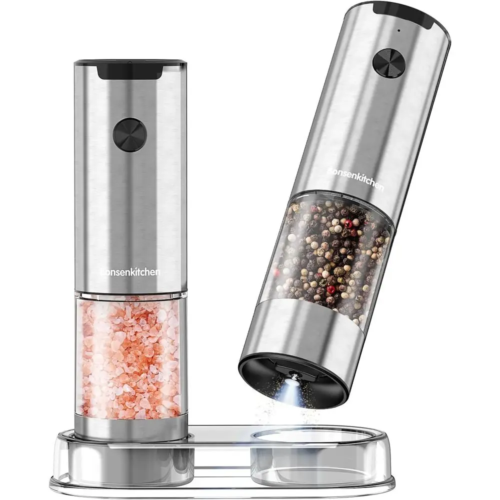 

Battery-Powered LED Stainless Steel Salt & Pepper Grinders, 95ml Capacity, with Cleaning Brush for Kitchen & Outdoor Use
