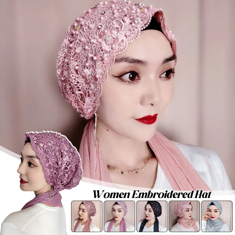 

Muslim Fashion Women Elastic Pearls Turban Caps Islamic Hijab Bonnet Malay Style Femme Headscarf Indian Hat Turbante Mujer