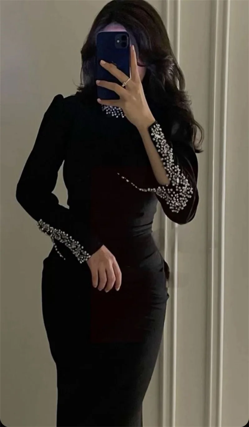 Crystals Black Evening Dress High Neck Full Sleeves Side Split Formal Bandage Prom Party Gown Sheath Slim Robe De Mariée