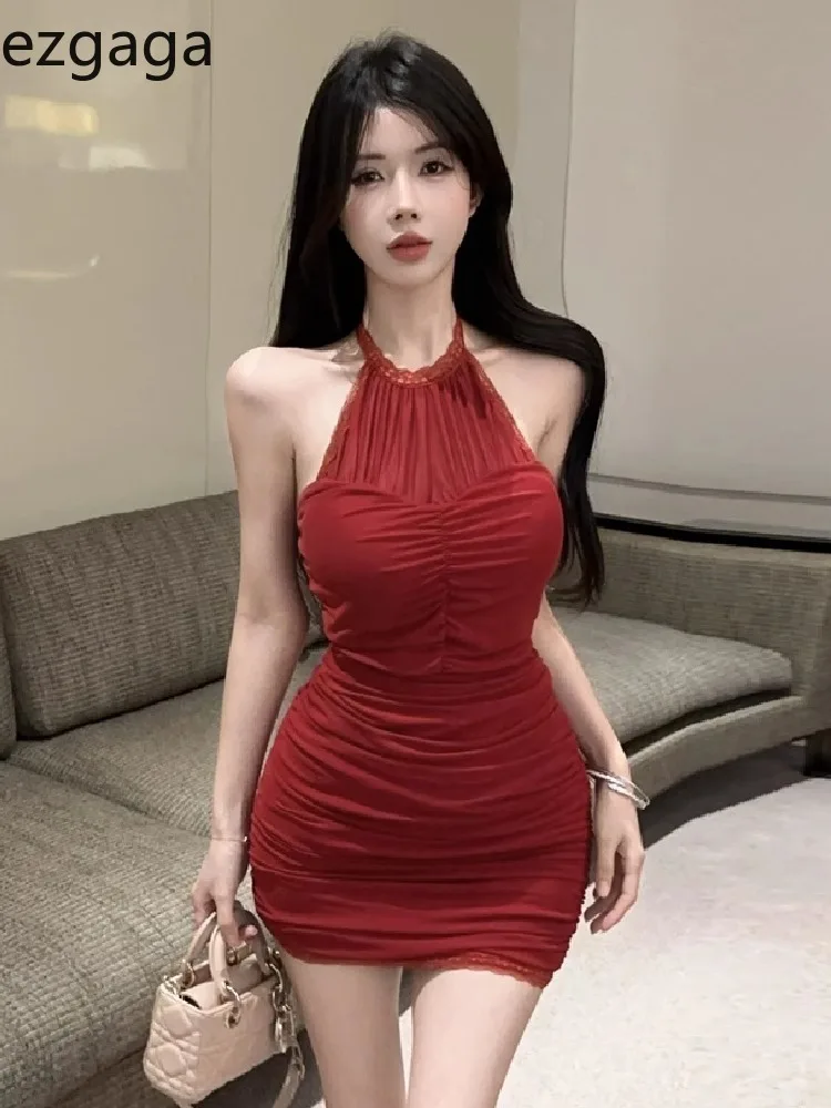 

Ezgaga Sexy Dress Woman Sleeveless Halter Mesh Patchwork Slim Elegant Ruched Clubwear Summer Fashion Mini Dresses Ladies