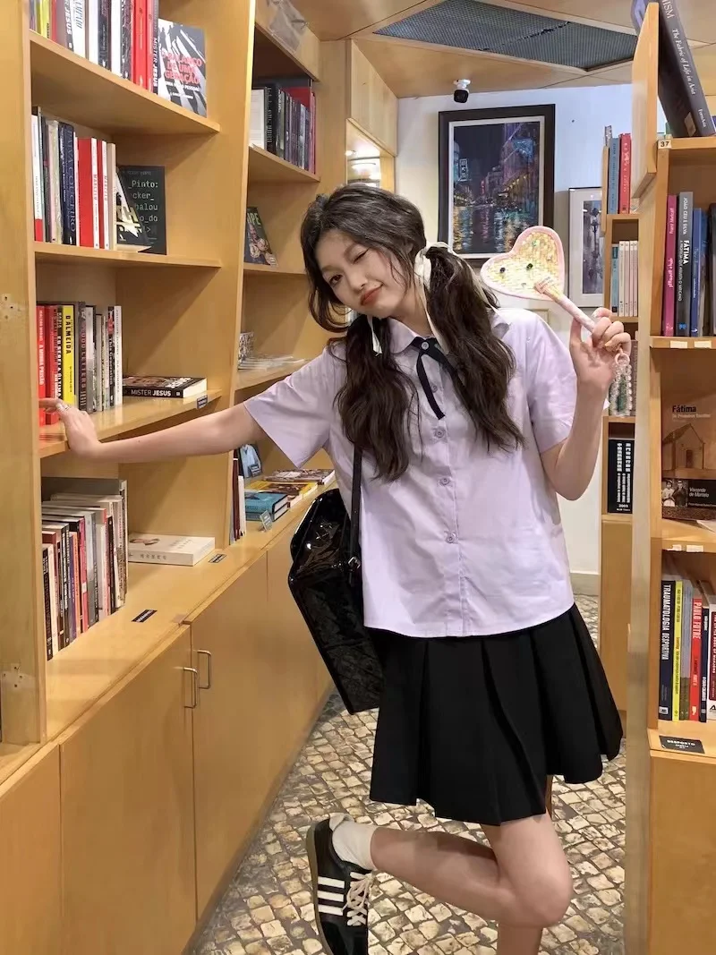 

Thai Style Short Sleeve Shirt Women's Purple College Style Uniform Design Summer JK School Uniform Shortened Age Open Cardiga...