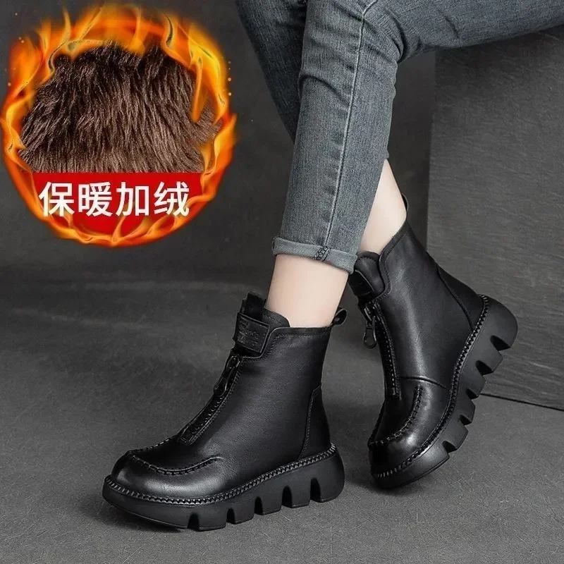 Soft Leather Women's Ankle Boots 2024Autumn/winter New Cotton Boots Retro Platform Motorcycle Boots Platform Heel