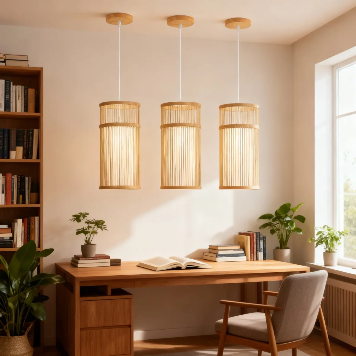 

JOYINLED 3-Pack Cylinder Bamboo Chandelier Japanese Retro Pendant Light Fixture E27 Set for Bar Cafe Teahouse Living Dining Room