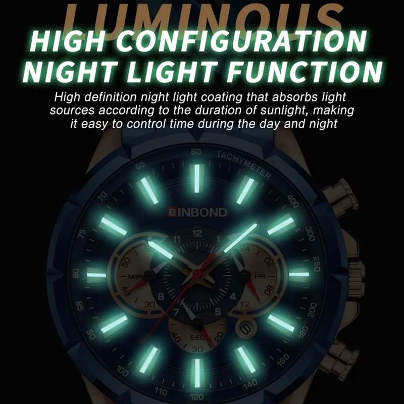 BINBOND العلامة التجارية الجديدة رجال الأعمال كوارتز ساعة موضة الفولاذ المقاوم للصدأ مقاوم للماء الرياضة عادية متعددة الوظائف الفاخرة رجل الساعات