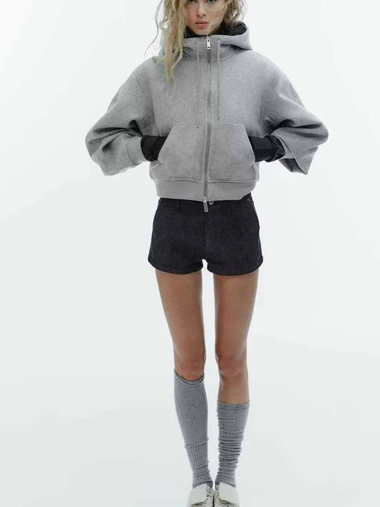 

Новое поступление в европейском и американском стиле, модная женская куртка с длинными рукавами и двойной молнией, пышными рукавами, мягкая куртка с капюшоном