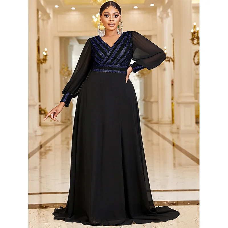 Plus Size V Neck Stripe Sequined Chiffon Dress 5XL 6XL Big Size Black Maxi Long Sleeve Spring Gold Stripe Luxury Evening Dresses