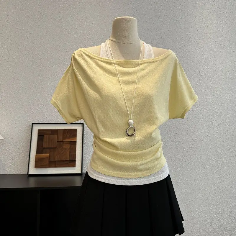 Women Clothes Summer Simplicity Fashion Casual Color Blocking Slash Neck Female Fashionable All-match Fake Two Pieces Cardigan