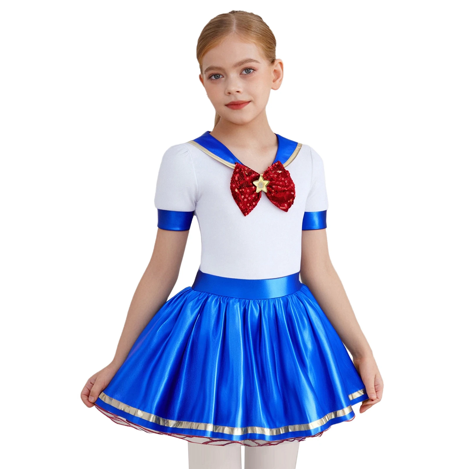

Sailor Cosplay Dress Costume Halloween Festival Short Sleeve Bow Tie Ruffled Puffy Dress With Briefs Student Outfits