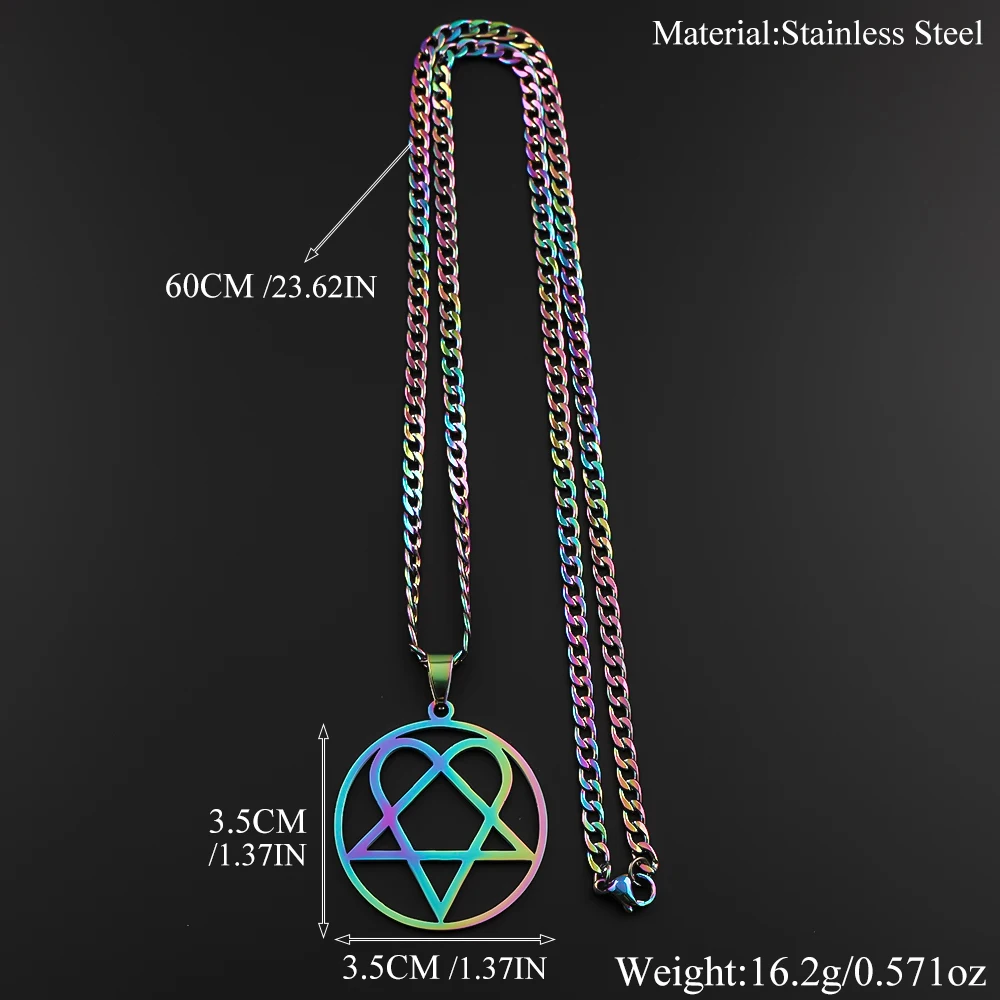 Heartagram Him Band Pentagramm-Halskette für Männer und Frauen, Gothic-Herz, Regenbogenfarben, Edelstahl, Panzerkette, Punk-Musik-Schmuck – Detail 3
