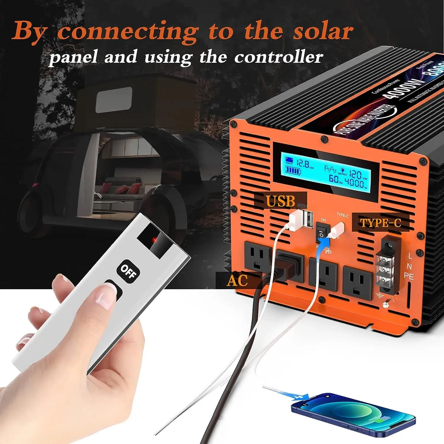4000 Watts Pure Sine Wave Inverter 12V 24V DC to 110V 120V Car Converter