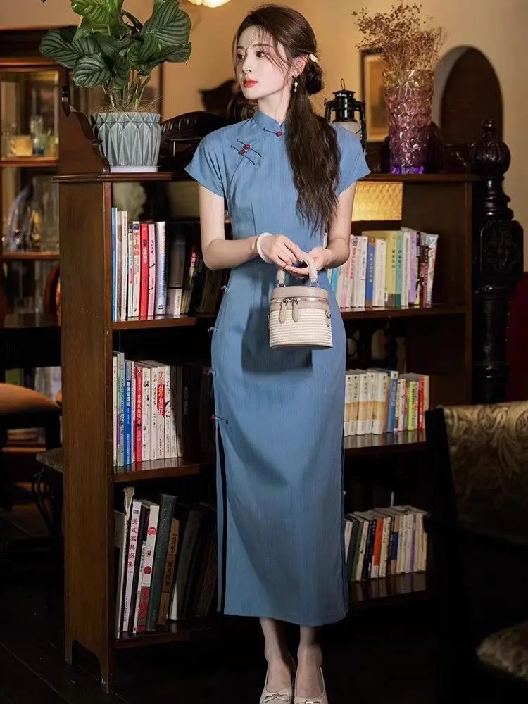 

Blue Retro Style Improved New Chinese Striped Cheongsam 2025 Summer Elegant Style Daily Wear Young Qipao Vintage