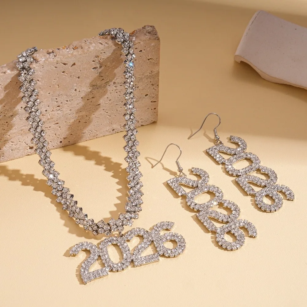 بدلة مجوهرات جمالية عتيقة 2026 مبالغ فيها من حجر الراين أقراط سنة جديدة سعيدة لامعة قطرة طويلة 2026 قلادة للحفلات #3