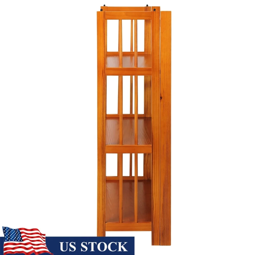 

3 Tier Folding Bookcase Solid Wood Honey Oak Stackable Shelves Space Saving Adjustable Storage Solution Modern Home Decor
