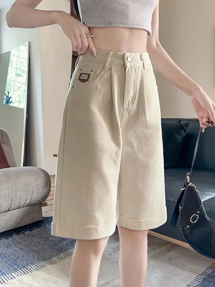 High-Waisted Quarter Jeans Women's Shorts Slim Zipper Loose Color Contrast Medium Rolled Straight Leg Shorts Pantalones Cortos