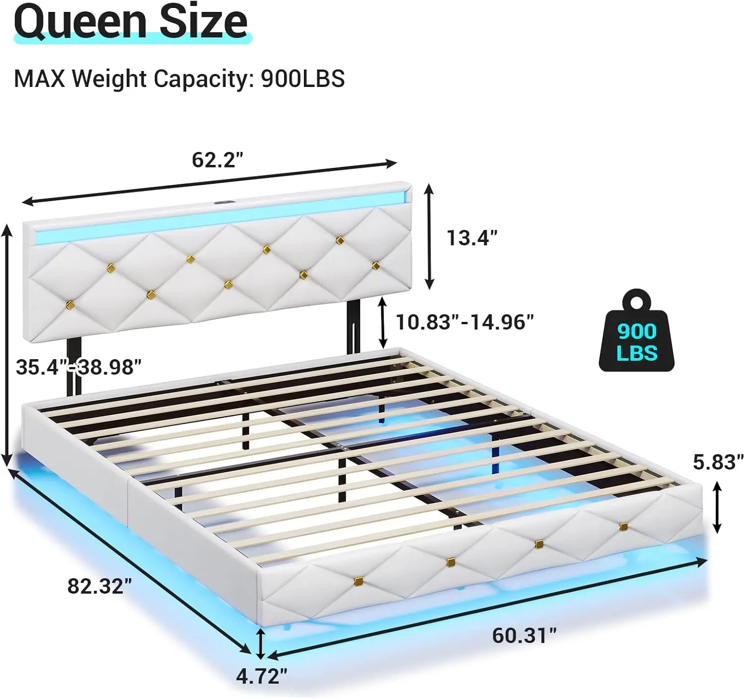 Queen Floating Bed Frame with LED Lights and USB Ports Modern LED Bed Frame Queen Size with Headboard Faux Leather Low