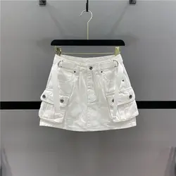 Denim-Röcke mit Reißverschluss und Knopf, Denim-Cargo-Röcke für Damen mit Taschen, sexy Mini-A-Linien-Jeansröcke, weibliche Streetwear