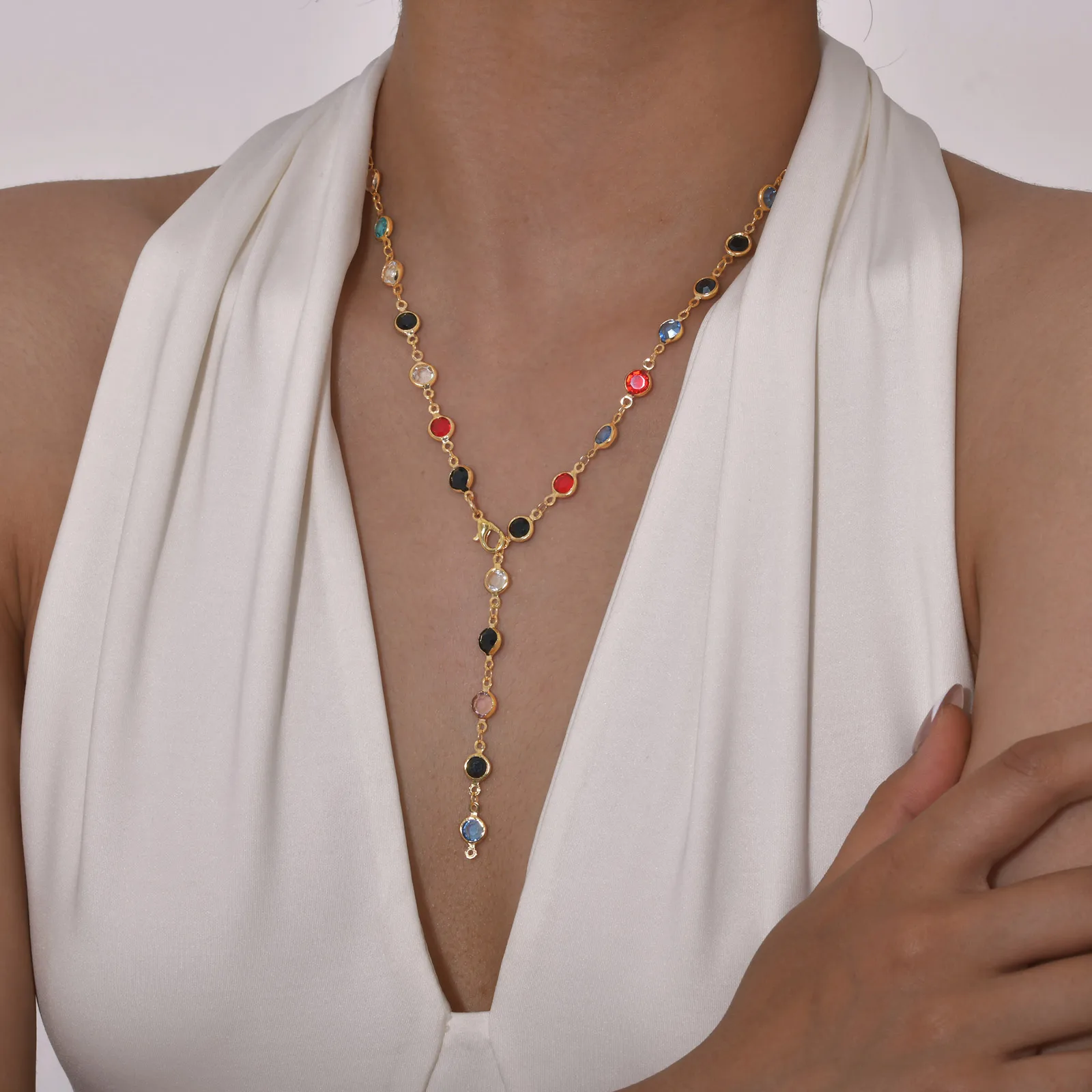 Vintage Boho Colorful Crystal Y-shaped Necklace for Women
