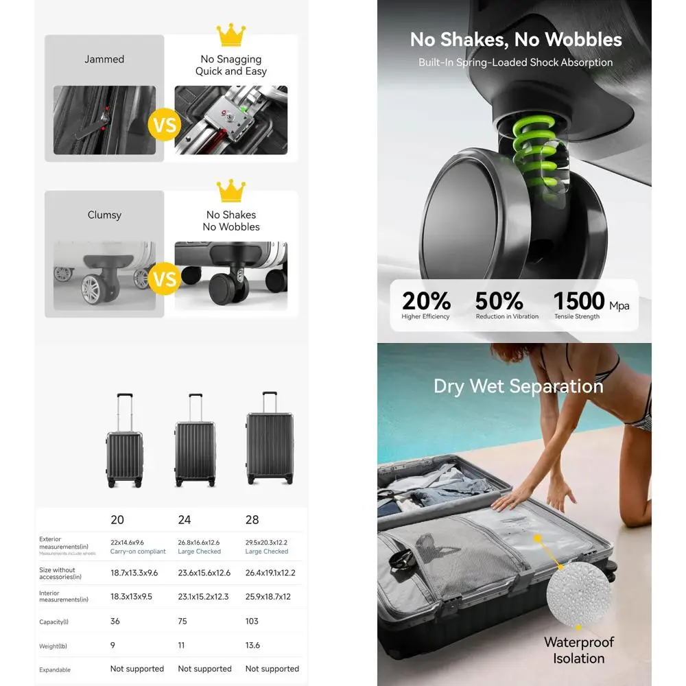 حقيبة أمتعة دوارة مقاس 24 بوصة بإطار من الألومنيوم، حقيبة صلبة من البولي كربونات بدون سحاب مصنوعة من الفحم المعدني