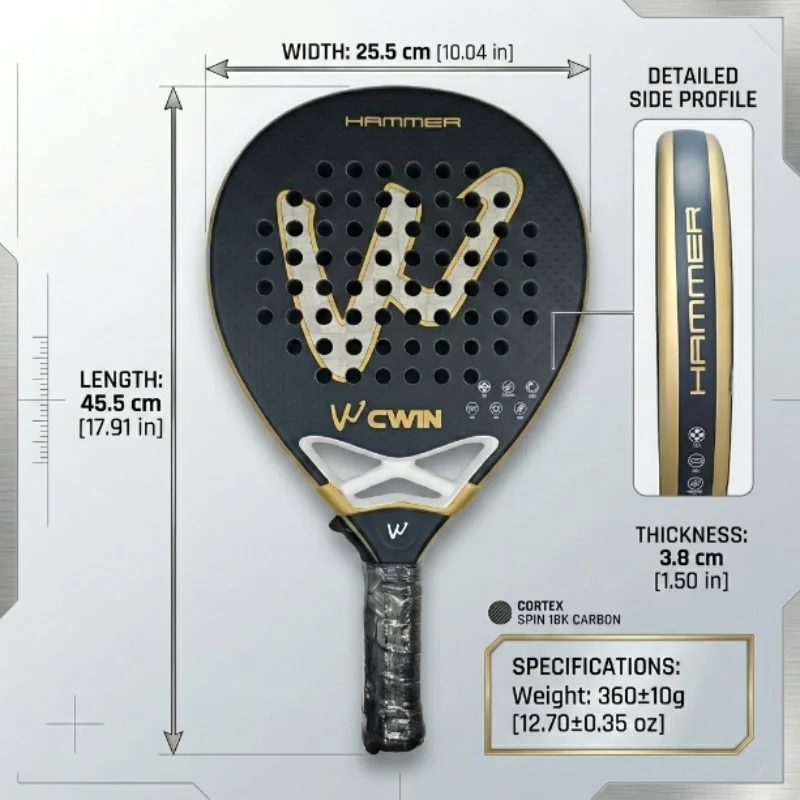 CWIN Hammer 18K Carbon Padel-Schläger Schwarz-Gold Professioneller Paddle-Tennis-Schläger mit Tragetasche für Fortgeschrittene Spieler – Detail 3