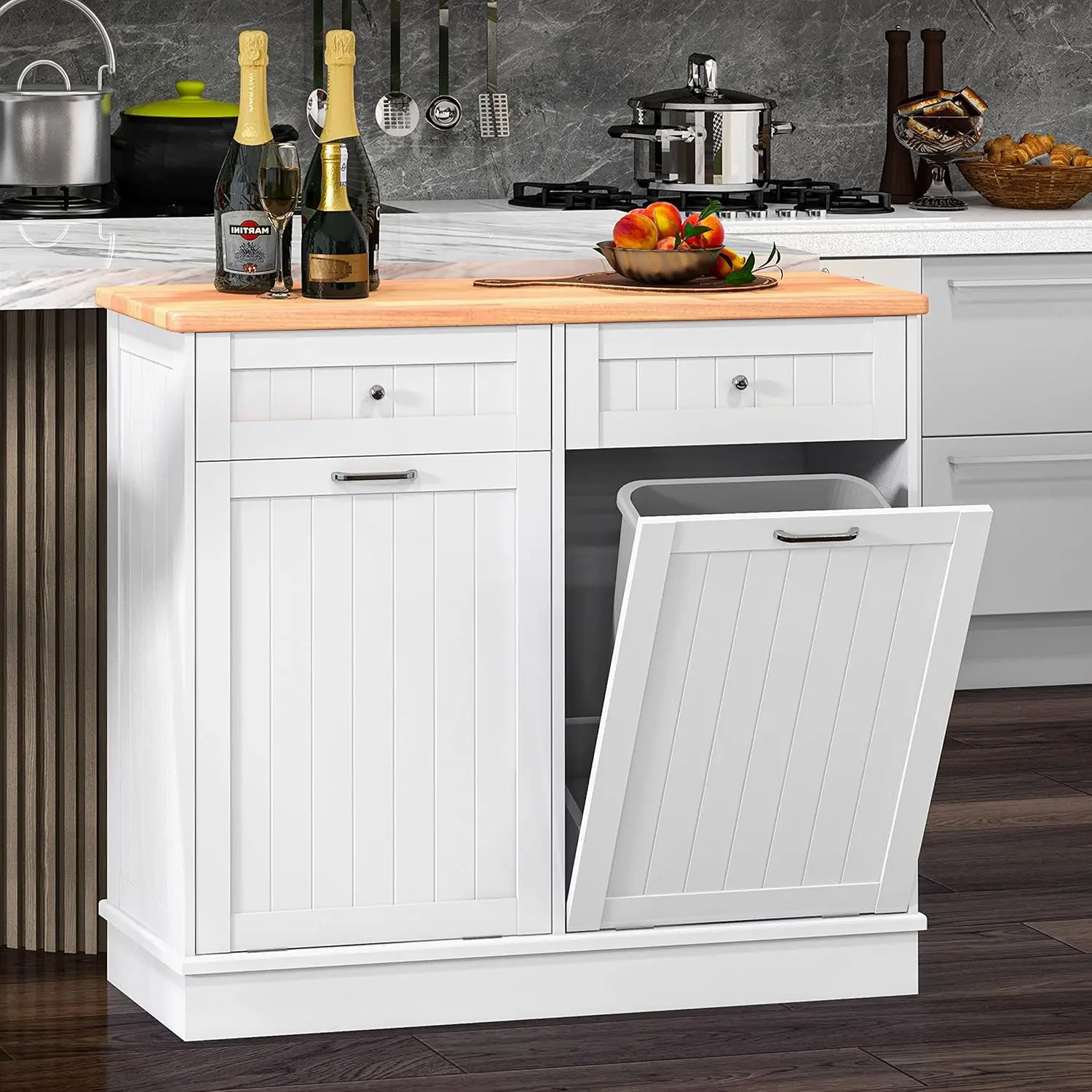 Double Tilt Out Trash Cabinet Free Standing Recycling Trash Can Cabinet for Farmhouse Kitchen,Living Room, Dining Room, White