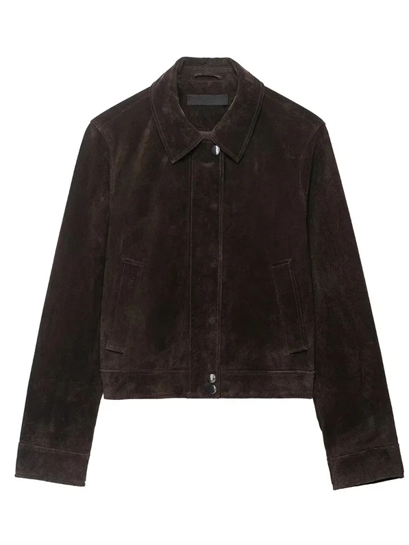 جاكيت نسائي قصير بأكمام طويلة وياقة، تصميم عصري غير رسمي، جديد لفصل الخريف، بتأثير الجلد، معطف نسائي عالي الجودة