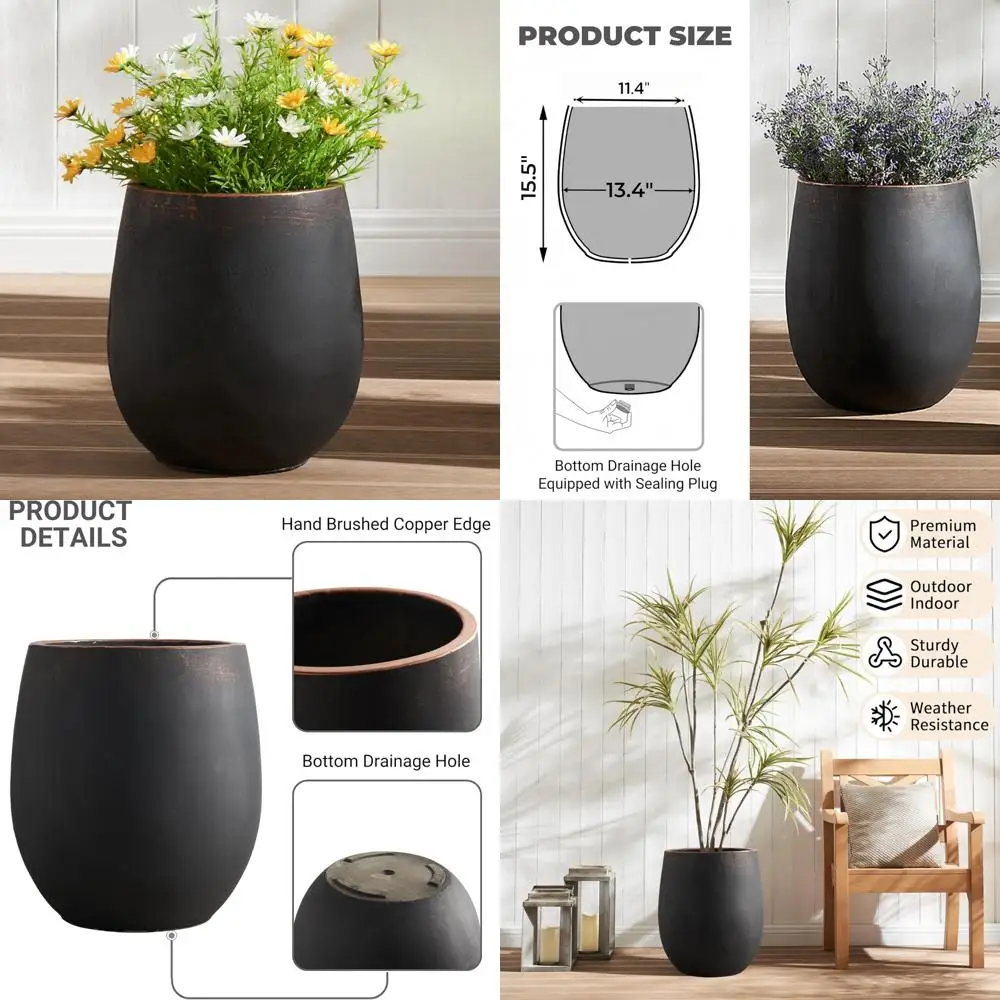 

Round Outdoor Concrete Planter, 15.5 H, Drainage Hole Included, Garden and Patio Flower Pot Container