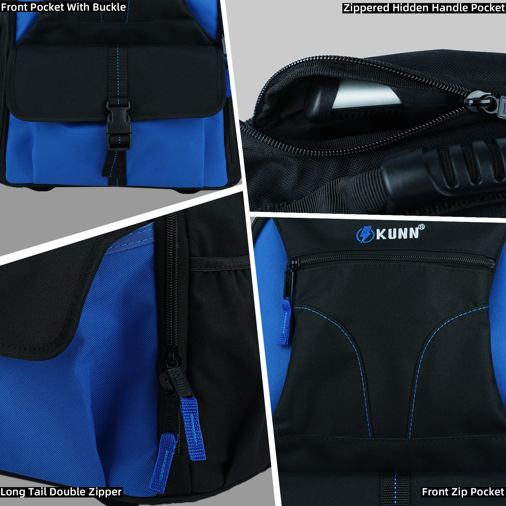 KUNN-Rolling Tool Backpack com Rodas, Heavy Duty Tool Bag, 37 Pocket and Widen Wheels para Eletricista, Técnico e HVAC