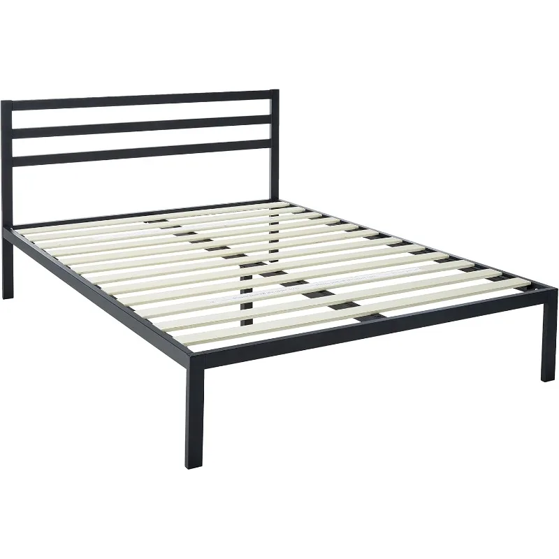 

14-дюймовая сверхпрочная металлическая кровать-платформа с изголовьем/опорами из деревянных планок/основа для матраса (без коробчатой пружины), королева, черный