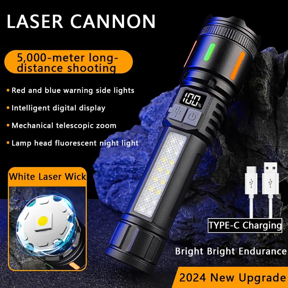 

High Power Spotlight Telescopic Zoomable Long Range LED Flashlight with Side Light Warning Outdoor Camping Emergency Lighting